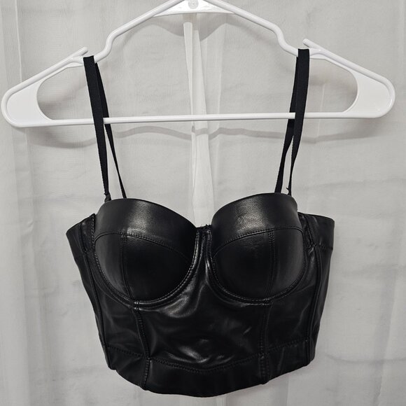 Black Faux Leather Tank Crop Vamp Grunge Punk Goth Pushup 34B - Picture 6 of 10